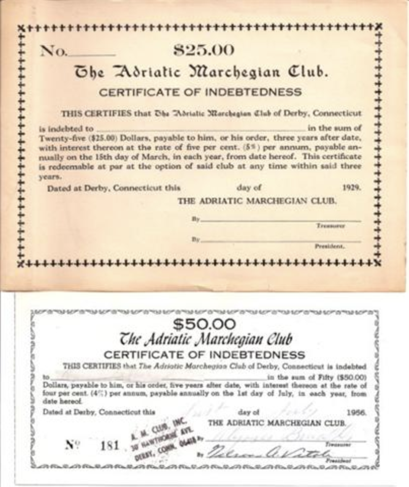 Historic Adriatic Marchegian Club certificates of indebtedness, $25 (1929) and $50 (1956).